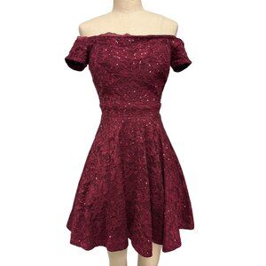Vintage B.Darlin Burgundy Off-Shoulder Lace Mini Dress With Sequins size 3/4